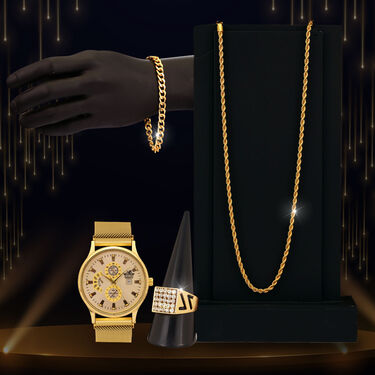 Golden Watch with Golden Chain + Bracelet + Ring (MGWCBR10)