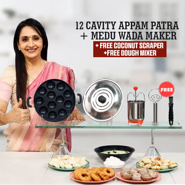 Mini Wada 12 Cavity Nonstick Appam Patra with Lid + Stainless Steel Medu Wada Ma ...