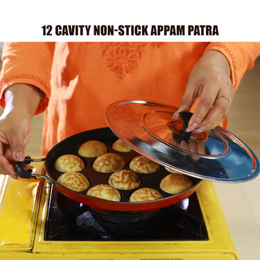 12 Cavity Nonstick Appam Patra with Lid + Stainless Steel Medu Wada Maker+Free Mini Coconut Scraper+Free Dough Mixer(1AP1MW3)